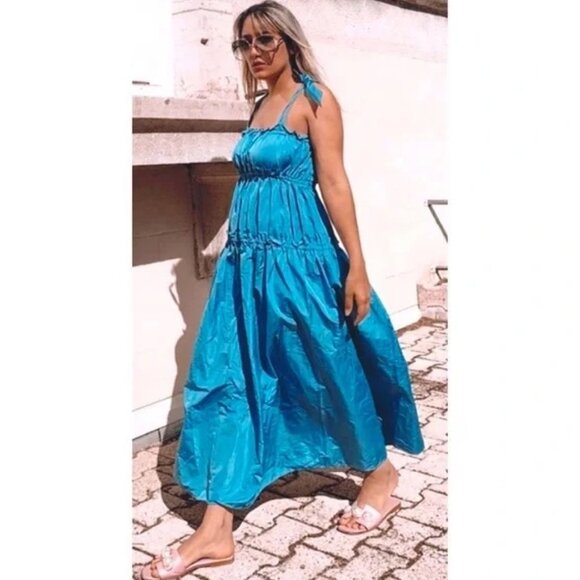 New Zara Taffeta Midi Maxi Dress Tiered Tie Straps Ruffle Romantic Wedding Guest - Picture 13 of 14